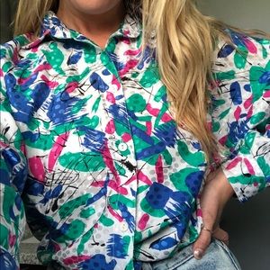 Funky Vintage Colorful & Shimmery Collared Blouse
